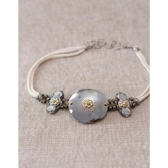 Vintage Artisan Boho Belt Concho Floral Mixed Metal White Cord Adjustable